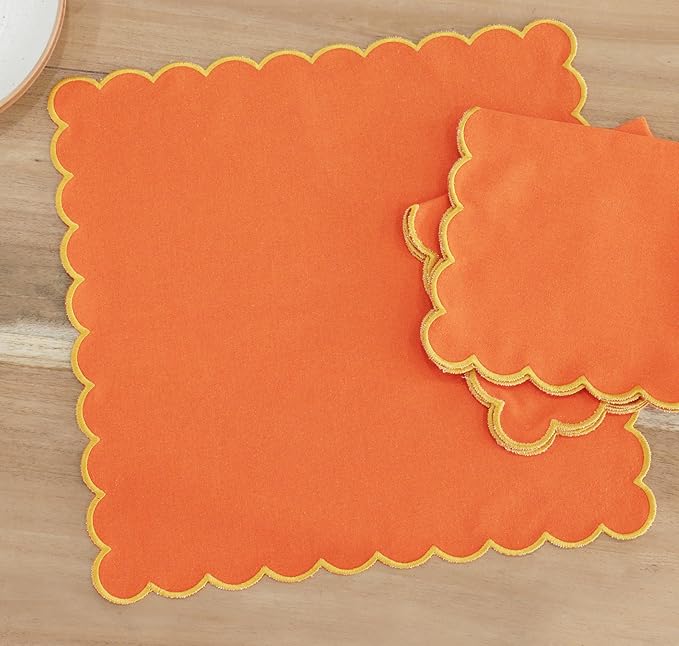 PurpleEssences Scalloped Embroidery Cloth Napkins Christmas Holiday Winter Table Decor 100% Cotton Set of 4-18 x 18 inch - Orange - Edges - Golden Yellow