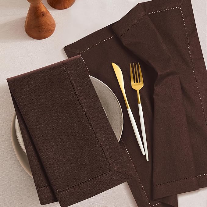 Bedding Craft Cotton Cloth Dinner Napkins Set of 12 – 18x18 Hot Chocolate with Frayed Fringe – Machine Washable Fabric Napkins for Weddings, Baby Showers, Parties & Everyday Dining