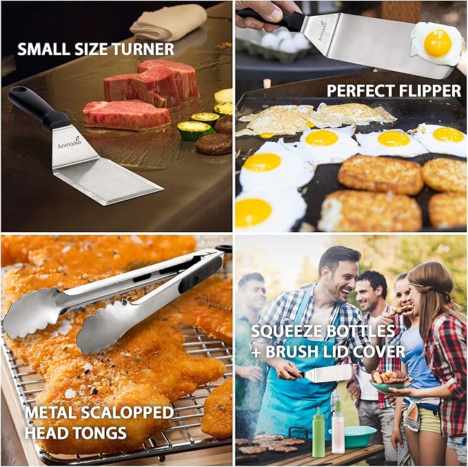 Metal Spatula Set of 4 - Griddle Accessories kit - Grill Flat Spatula Pancake Flipper Hamburger Turner - Metal Utensil Great for BBQ Grill Flat Top Cast Iron Griddle - Commercial Grade