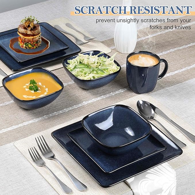 LIANYU 16 Piece Square Dinnerware Sets with Coffee Cups, Ceramic Plates and Bowls Sets for 4, Dinner Dishes for Kitchen Dining, Microwave & Dishwasher Safe, Sapphire Blue