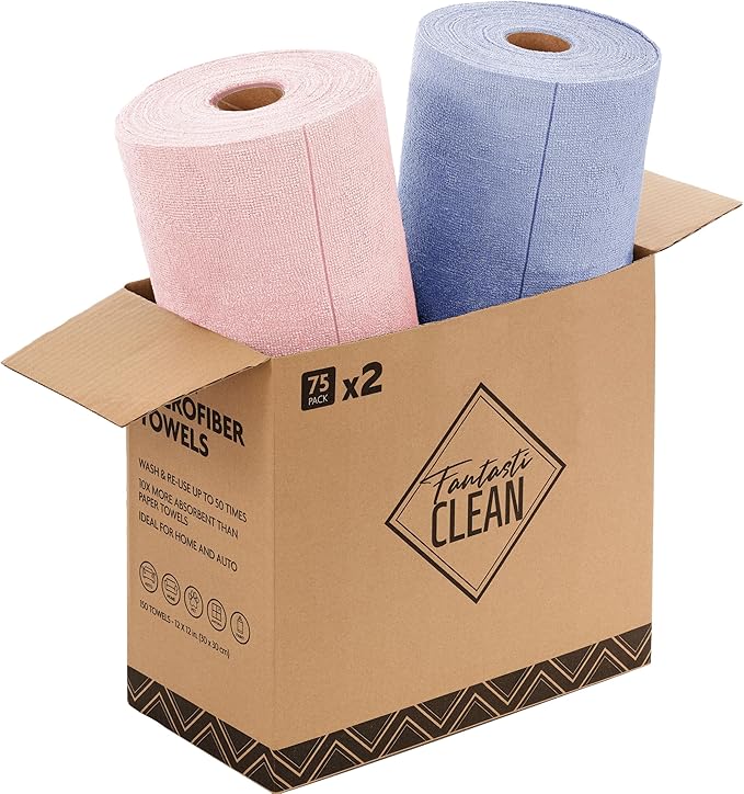 Fantasticlean Microfiber Cleaning Cloth Roll -150 Pack, Tear Away Microfiber Towels, 12" x 12", Reusable, Washable, Ultra Absorbent Dishcloth for Home Supplies, Car, Pet, Kitchen (Pink & Lavender)
