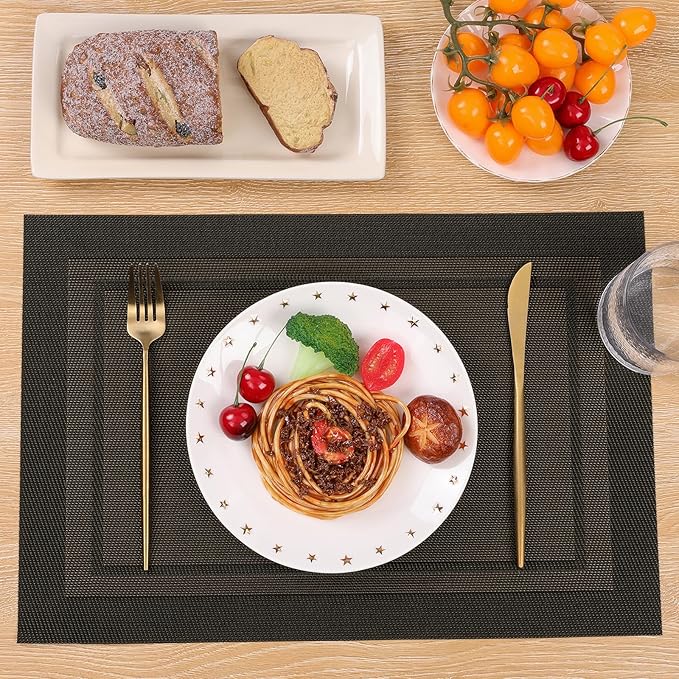 SHACOS Woven Vinyl Placemats Set of 4 Wipe Clean Place Mats for Dining Table Heat Resistant PVC Weave Table Mats Indoor Outdoor (4, Frame Black Gold)