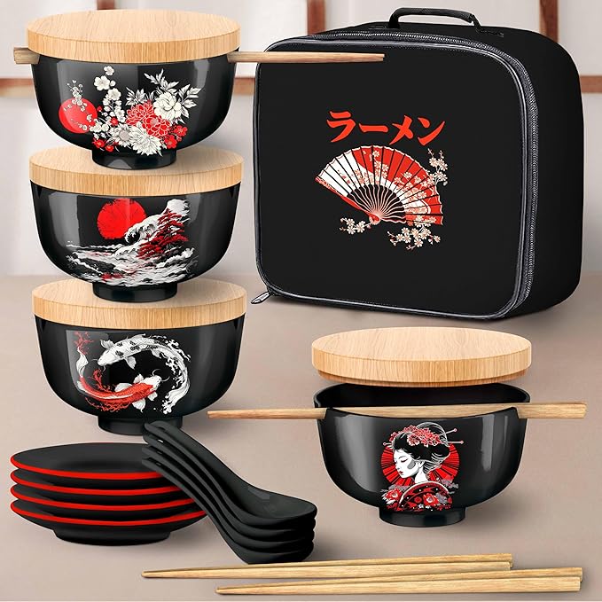 Japanese Ramen Bowl Set of 4-20 Pcs, 32 Oz Ceramic Microwaveable & Dishwasher Safe Large Noodle Bowls with Lid & Built-In Chopstick Holder, Pho, Udon, Thai, Korean, Rice - 6.5 Inch