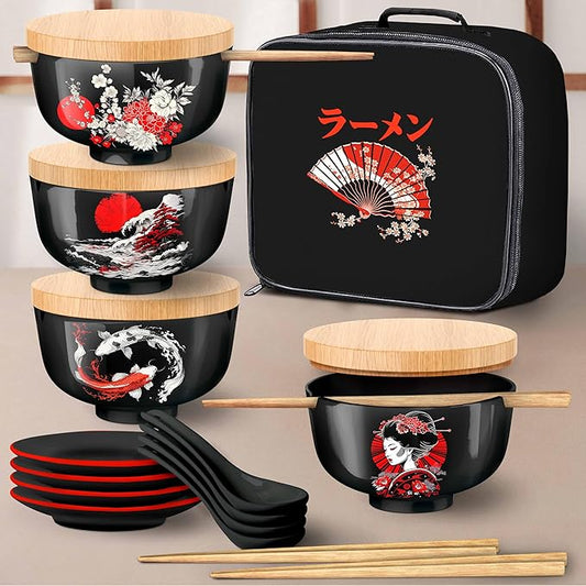 Japanese Ramen Bowl Set of 4-20 Pcs, 32 Oz Ceramic Microwaveable & Dishwasher Safe Large Noodle Bowls with Lid & Built-In Chopstick Holder, Pho, Udon, Thai, Korean, Rice - 6.5 Inch