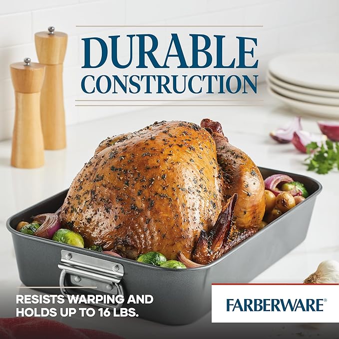 Farberware Bakeware Nonstick Steel Roaster with Flat Rack, 11-Inch x 15-Inch, Gray