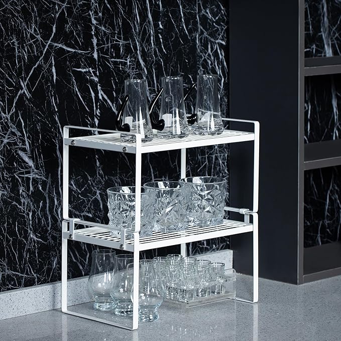 2Pack Kitchen Cabinet Shelf Counter Organizer Rack Pantry Storage Bathroom Bedroom Office Table Desk Space Saving Stackable Rust Resistant Non Slip White Wide L13.1in W10.6in H7.3in