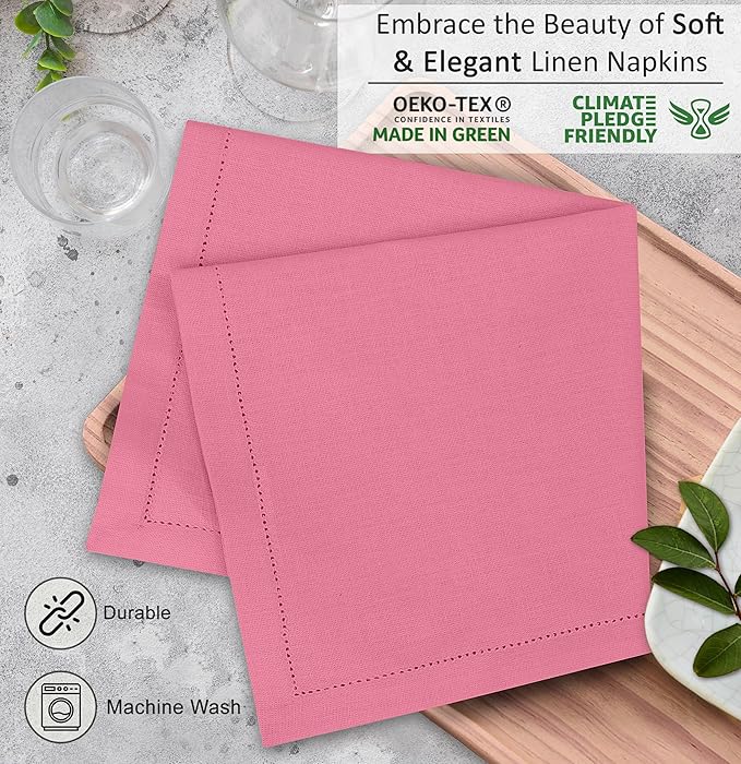 Ruvanti Premium Linen Napkins Set of 6-20x20 Inch, Classic Hemstitch, Mitered Corner Cloth Napkins ‎‎- Soft, Elegant Dinner Napkins Cloth Washable for Weddings, Parties, Everyday Use - Pink