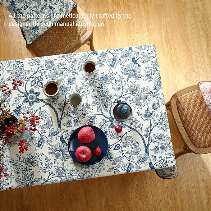French Floral Tablecloth for Rectangle Tables,Linen Table Cloth with Blue Flowers Pattern,Heavy Durable Table Cover for Dining Kitchen Decor Party Banquet Christmas,67"*118"