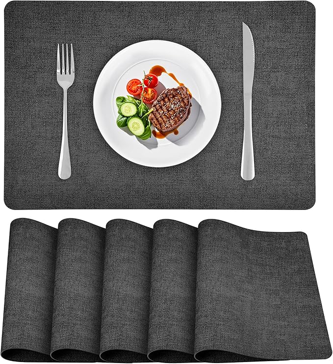 Vinly Placemats Set of 6 - Waterproof Wipeable Faux Leather Table Place Mats Heat Resistant Anti Slip Table Mats for Dining, Indoor, Outdoor, 15.8" x 11.8" (Dark Grey)