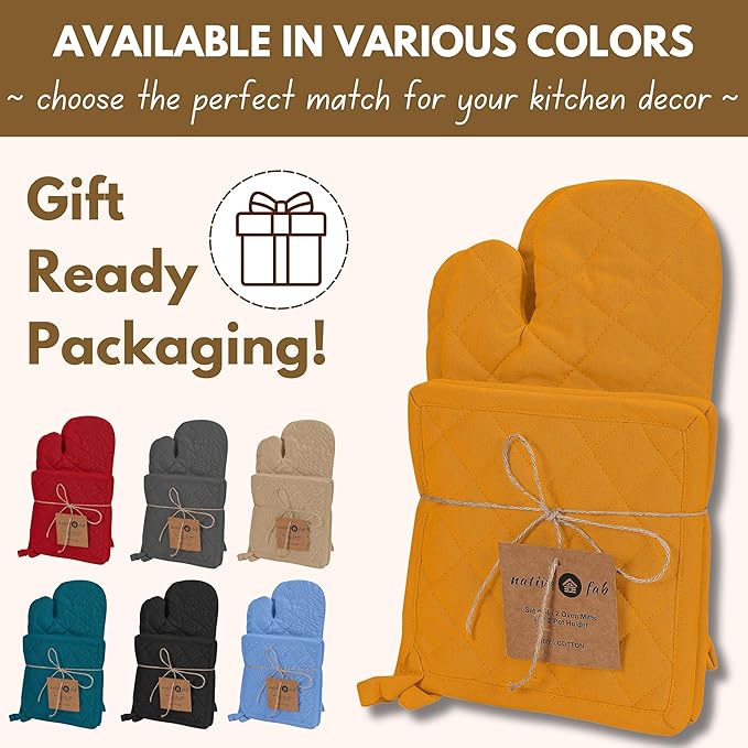 Native Fab 4 Piece Set - 2 Oven Mitts & 2 Potholders, Heat Resistant, 100% Cotton, Quilted Design, Non-Slip Grip, Machine Washable, Ideal for Baking, Cooking, BBQ, Kitchen Protection - Mustard Yellow