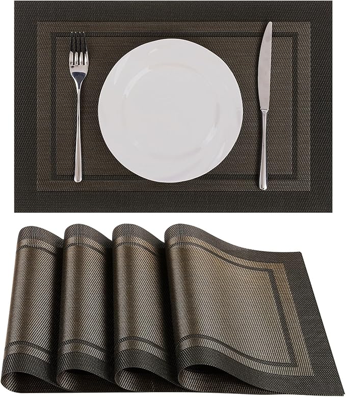 SHACOS Woven Vinyl Placemats Set of 4 Wipe Clean Place Mats for Dining Table Heat Resistant PVC Weave Table Mats Indoor Outdoor (4, Frame Black Gold)