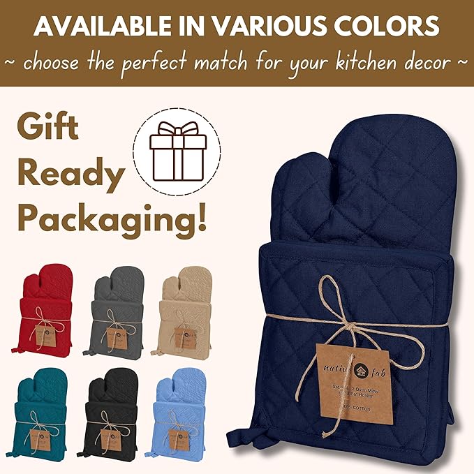 Native Fab 4 Piece Set - 2 Oven Mitts & 2 Potholders, Heat Resistant, 100% Cotton, Quilted Design, Non-Slip Grip, Machine Washable, Ideal for Baking, Cooking, BBQ, Kitchen Protection - Navy Blue