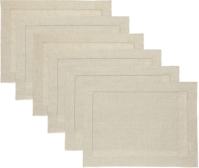 Solino Home Linen Placemats Set of 6 - Classic Hemstitch Natural Placemats 14 x 19 Inch - 100% Pure Linen Table Mats for Fall, Autumn, Thanksgiving, Christmas, Holiday