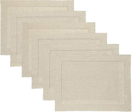 Solino Home Linen Placemats Set of 6 - Classic Hemstitch Natural Placemats 14 x 19 Inch - 100% Pure Linen Table Mats for Fall, Autumn, Thanksgiving, Christmas, Holiday