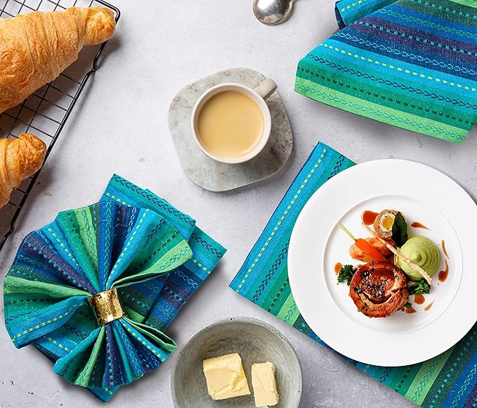 Ramanta Home Salsa Stripe Teal Oversized Cloth Napkins 20x20 Inches, Cotton Soft & Durable Table Dinner Napkin Ideal for Thanksgiving, Christmas, Wedding | Washable Kitchen Fabric for Everyday Use