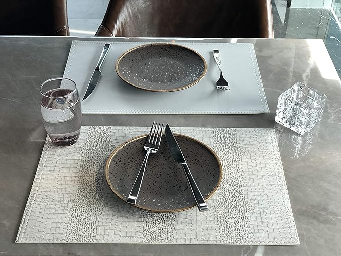 Waterproof PU Placemats, Faux Leather Hardboard Place Mats, Set of 8 Table Mats, Easy to Clean, Heat & Stain Resistant for Office Conference Table, Dining Home Decor, White