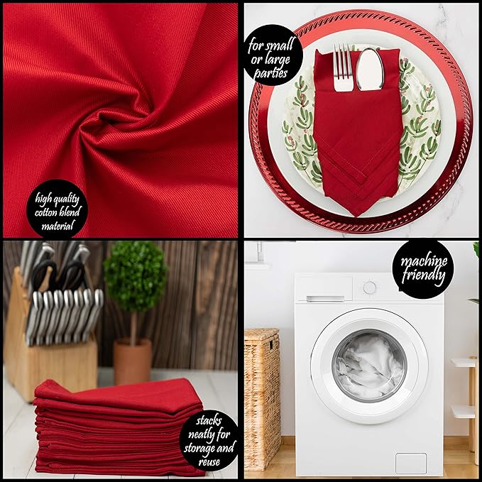 Christmas Red Cloth Dinner Napkins Kitchen Cloth Napkins 12 Pack 18X18 Inches Cotton Blend Soft Fabric with Hemmed Edges Washable Reusable Linen Napkins for Parties Setting Table Decor (Red) by PERLLI