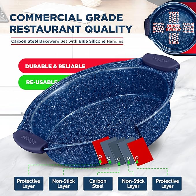 BAKKEN Kitchen Baking Pan Set - Nonstick Coating, Carbon Steel Bakeware Sets with Blue Silicone Handles, Baking Kitchen Essentials, PFOA, PFOS, PTFE Free, Oven Safe Tray (Up To 450° F), Set of 10