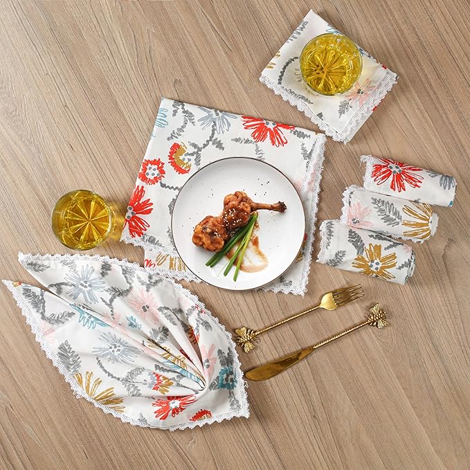 Bedding Craft Cloth Dinner Napkins Set of 12 – 18x18 Multicolor Lace Print – Durable Stylish Fabric Napkins Perfect for Dining, Weddings & Table Décor