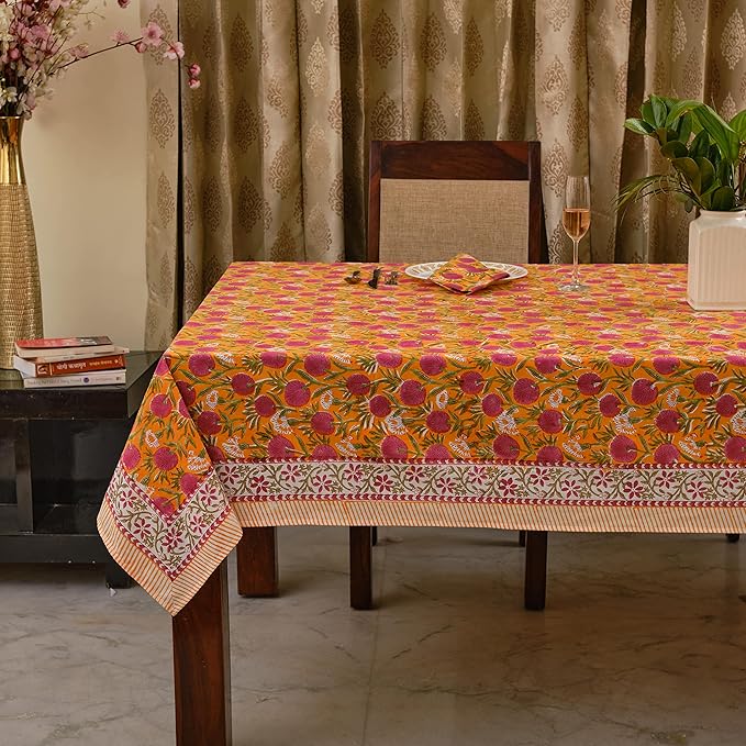 Ridhi -Bubblegum Pink Cotton Tablecloth, Handblock Print Floral Table Cloth for Kitchen Dining Linen I Thanksgiving, Christmas, Wedding, Fall Décor 14 Seater 72X160 Inches Rectangle