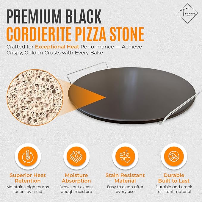 Tenovu Supply 6 Piece Pizza Stone for Oven and Grill with 13" Black Cordierite Stone, Metal Holder/Rack, Stainless Steel Peel, Dough Cutter, Cutter Rocker, and Server - Pizza Oven Accessories