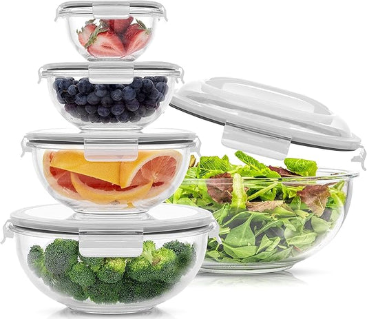 JoyJolt Kitchen Mixing Bowls. 5pc Glass Bowls with Lids Set – Neat Nesting Bowls. Large Mixing Bowl Set incl Batter Bowl, Cooking Bowls, Storage Bowls with Lids and Big Salad Bowl with BPA-Free Lids