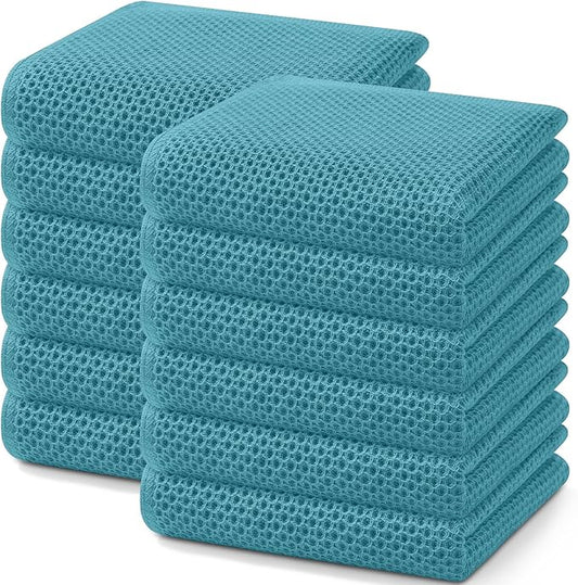 Homaxy 100% Cotton Waffle Weave Kitchen Dish Towels, Ultra Soft Absorbent Quick Drying Cleaning Towel, 13 x 28 Inches, 12-Pack,Lake Blue