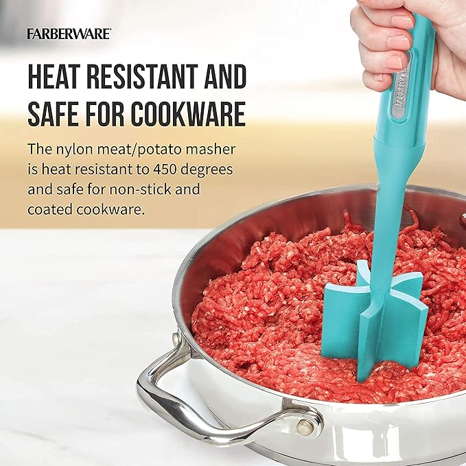 Farberware Heat Resistant Nylon Meat and Potato Masher, Safe for Non-Stick Cookware, Aqua Sky