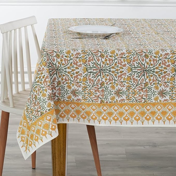 Ridhi - Hand Block Print Cotton Cloth Dinning Table Cover Wedding Farmhouse Thanks Giving Christmas Spring Tablecloth (Goldenrod Yellow, 14 Seater 72X160 INCH)