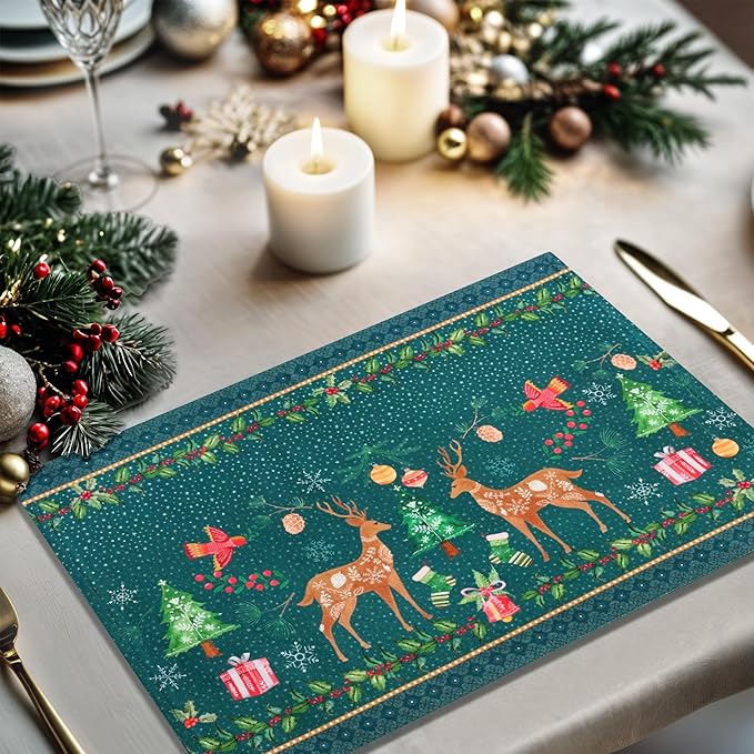 Maison d' Hermine Placemats Set of 4 100% Cotton Washable Cloth Place Mats, Reusable Table Mats for Thanksgiving Christmas Decorations Kitchen Dining Party Wedding (Hygge Christmas, 13" x 19")