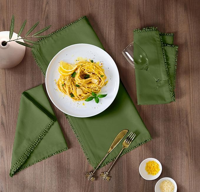 Bedding Craft Cotton Cloth Dinner Napkins Set of 12 – 18x18 Salted Lime with Decorative Lace Selvedge – Reusable Machine Washable Fabric Napkins for Weddings, Baby Showers, Parties & Dining