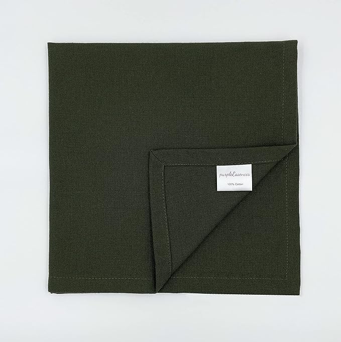 PurpleEssences Set of 12 Cloth Dinner Napkins 100% Cotton 18x18 Inch - Soft Durable Washable - Ideal for Farmhouse Party Christmas Holiday Winter - Perfect Everyday Use Table Linen - Olive Green