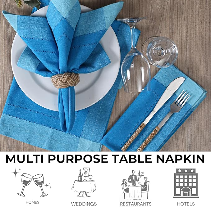 Bedding Craft Cotton Cloth Napkins Set of 12 – 20x20 Blue Multi Double Hemstitched – Machine Washable Dinner Napkins for Weddings, Parties & Father’s Day Celebrations