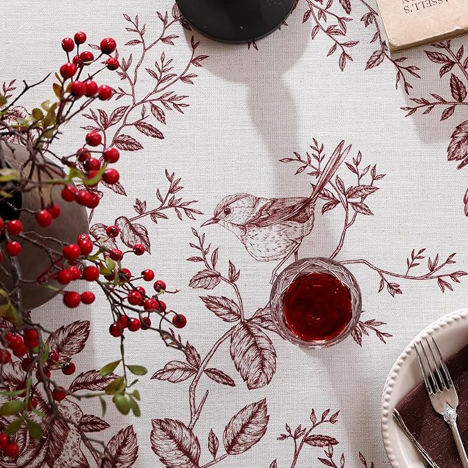 French Rectangular Tablecloth, Linen Table Cloth with Dark Red Floral Leaves and Birds Pattern, Heavy Durable Table Cover for Dining Kitchen Decor Party Christmas, 55" * 87"