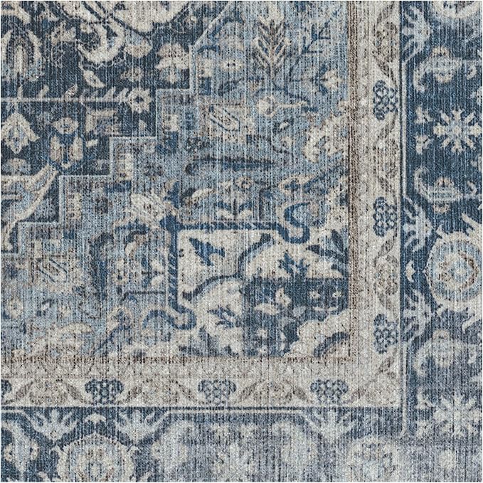RUGGABLE Washable Vintage Runner Rug – Kamran Admiral Blue 2.5x10, Stain-Resistant, Non-Slip Hallway Runner – Machine Washable Rug for Hallway, Entryway, Living Room & Kitchen–with Standard Pad