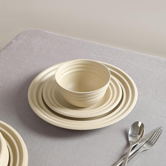 Stone Lain Zen Stoneware 12-Piece Dinnerware Set, Service for 4, Beige, Includes Salad -, Dinner Plates & Bowls, Textured Sand Finish, Microwave & Dishwasher Safe