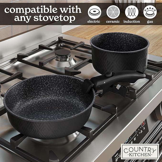 Country Kitchen Cookware Set with Removable Handle, Oven & RV Safe Pots and Pans Set, Black Rhombus, Original