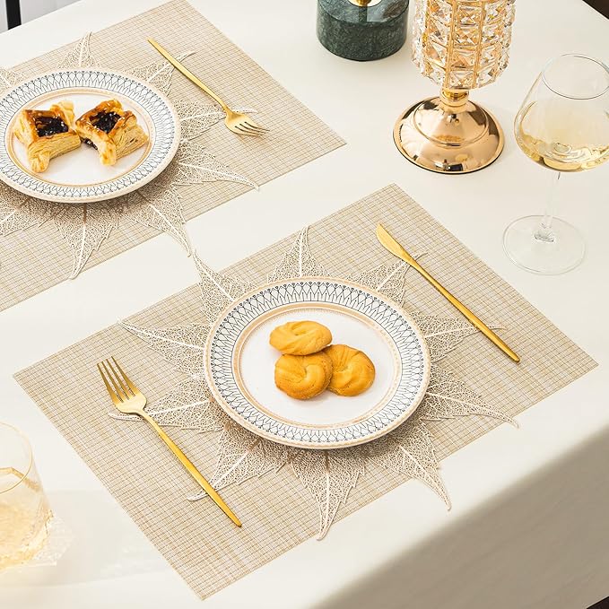 BACKTOEDEN Placemats Set of 4 Heat Resistant Washable Wipeable Placemat Woven Non-Slip Foldable Vinyl/Plastic Place Mats Indoor/Outdoor Mat Kitchen Dining Table Pad, Gold Maple Leaf & Beige