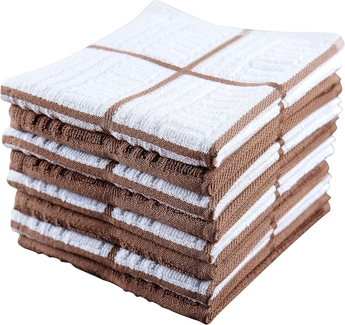 Sticky Toffee Cotton Dishcloths Set of 8, Brown and White, 12 x 12 in, Absorbent Reusable Tea Towels and Cleaning Cloths, Oeko-Tex Cotton