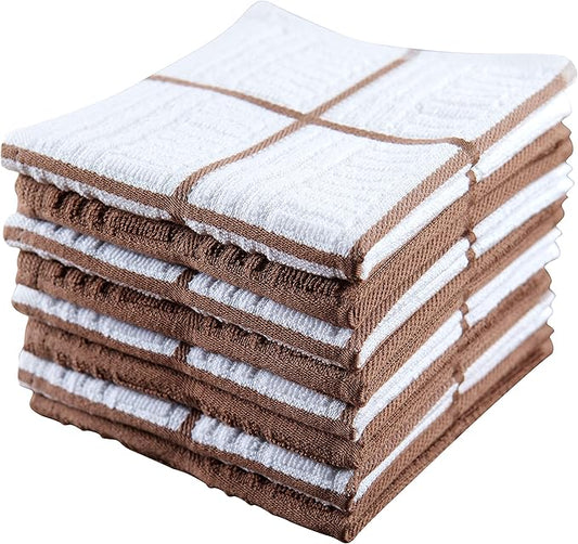 Sticky Toffee Cotton Dishcloths Set of 8, Brown and White, 12 x 12 in, Absorbent Reusable Tea Towels and Cleaning Cloths, Oeko-Tex Cotton