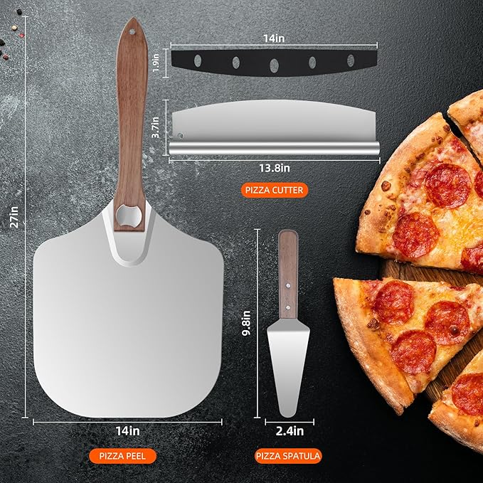 Pizza Peel Aluminum Pizza Spatula,14x 16" Metal Pizza Paddle with Foldable Wooden Handle,Pizza Rocker Cutter,Pizza Server,for Pizza Oven(Gift-Ready)