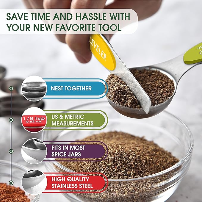 Spring Chef Multicolor Stainless Steel Magnetic Measuring Spoons Set of 8 with Leveler, Nesting Metal Teaspoon & Tablespoon Measuring Spoons, Kitchen Gadgets for Baking & Cooking - 2 Pack