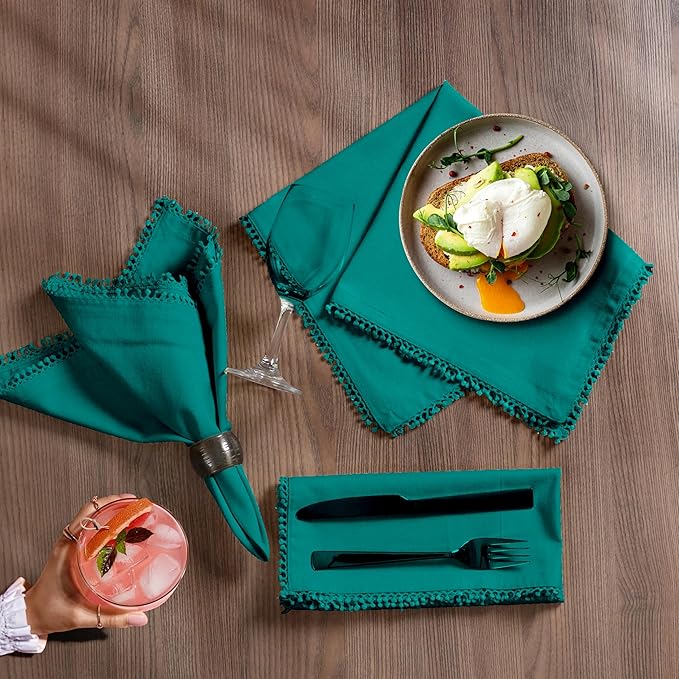 Bedding Craft Cotton Cloth Dinner Napkins Set of 12 – 18x18 Funfare with Decorative Lace Selvedge – Elegant Machine Washable Fabric Napkins for Weddings, Baby Showers, Parties & Dining