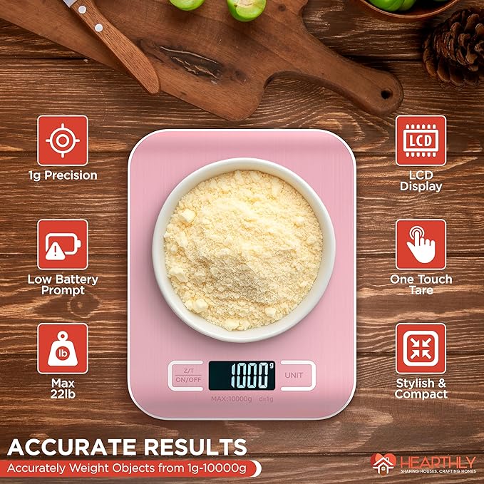 Food Scale, Digital Kitchen Scale for Cooking and Baking, Batteries Included, Weighs up to 22 pounds, Kitchen Scales Digital Weight Grams and Ounces, 304 Stainless Steel - Pink