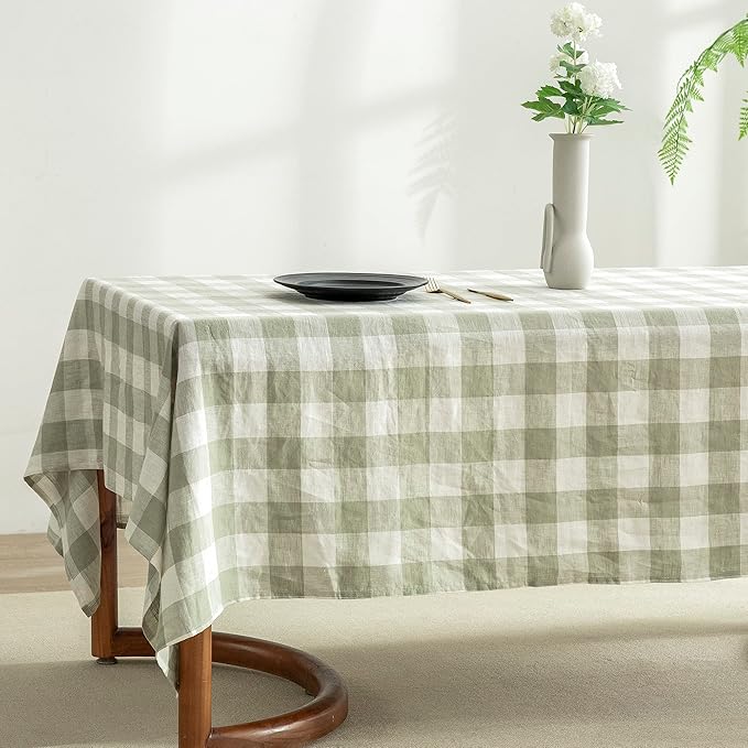 EVERLY 100% Yarn-Dyed Linen Rectangle Tablecloths 60x132Inches for Dining,Buffet Parties,Picnic,Events and Restaurants,Decorative Halloween,Thanksgiving Machine Washable Tablecloths-Sage Green Plaid
