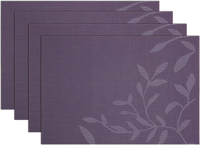 SHACOS Woven Vinyl Placemats Set of 4 Purple Leaf Pattern Place Mats Wipe Clean Durable PVC Heat Resistant Table Mats (4, Leaf Purple)