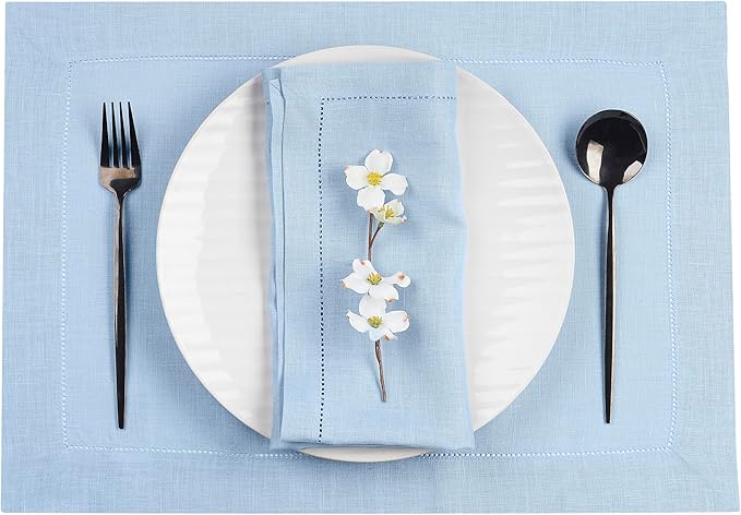 D'Moksha Homes Powder Blue Linen Cloth Placemats Set of 4-100% Pure Linen Hemstitch Placemats 14 x 19 Inch - Classic Hemstitch Table Place Mats for Thanksgiving - Handcrafted and Machine Washable