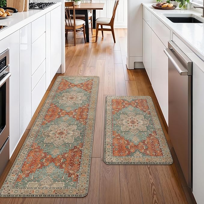 GENIMO Kitchen Mats for Floor 2PCs, Washable Anti Fatigue Mat for Cushioned, 17.3"x59"+17.3"x30", Waterproof Kitchen Rugs, Non Slip Comfort Standing Mat Rug for Home, Sink, Laundry, Multi