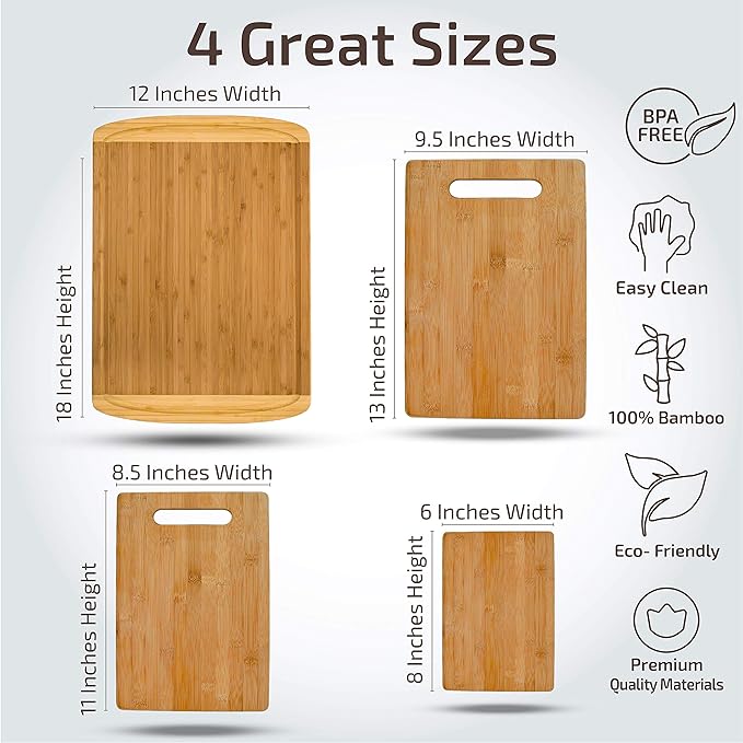 Bamboo Cutting Board Set of 4 - Wooden Cutting Boards for Kitchen with Juice Groove - Large Butcher Block, Cheese Board & Charcuterie Board for Meat, Vegetables, and Cheese - Great Kitchen Gift