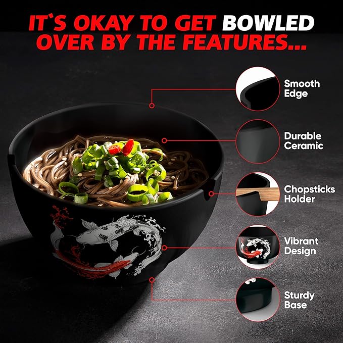 Japanese Ramen Bowl Set of 2-20 Pcs, 32 Oz Ceramic Microwaveable & Dishwasher Safe Large Noodle Bowls with Lid & Built-In Chopstick Holder, Pho, Udon, Thai, Korean, Rice - 6.5 Inch